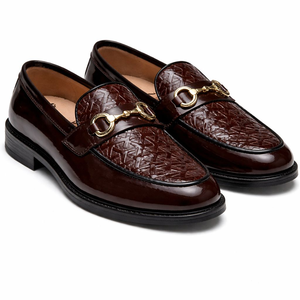 Mens Formal Loafers with Patent Leather and GoldTone Bit Detail